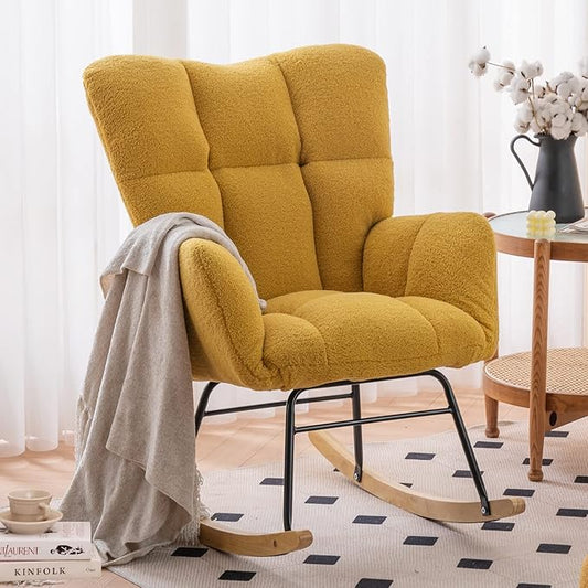 NIOIIKIT Nursery Rocking Chair Teddy Upholstered Glider Rocker Rocking Accent Chair Padded Seat with High Backrest Armchair Comfy Side Chair for Living Room Bedroom Offices (Yellow Teddy)