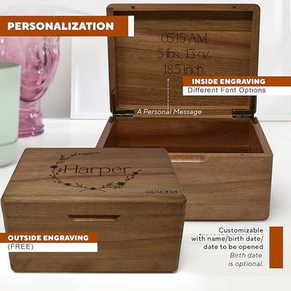 Custom Baby Memory Box for Kids- 1st Birthday Keepsake Gifts for Babies, Engraved First Birthday Memory Time Capsule Box with Hinged Lid, Unique Shower Baby Gift, Memento Chest Memorabilia, 8x6x4 in