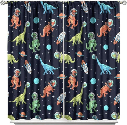 Cartoon Dinosaur Curtains for Kids Boys Girls Home Decor, Astronaut Rocket Funny Outer Space Blackout Rod Pocket Window Drapes for Bedroom Living Room W36xL63in 2 Panels