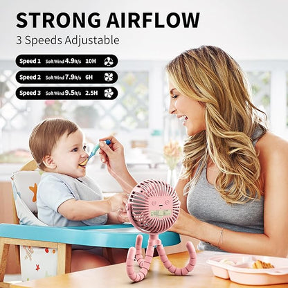 AMACOOL Battery Operated Stroller Fan Flexible Tripod Clip On Fan with 3 Speeds and Rotatable Handheld Personal Fans for Car Seat Crib Bike Treadmill (Pink)