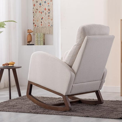 Dolonm Nursery Rocking Chair for Living Room, Upholstered Mid-Century Modern Nursery Rocking Armchair Tall Back Accent Glider Rocker, Beige