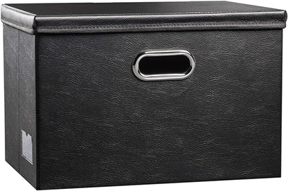 PRANDOM Large Collapsible Storage Bin with Lid [1-Pack] Leather Fabric Foldable Storage Box Organizer Containes Basket Cube with Cover for Home Bedroom Closet Office Nursery Black (17.7x11.8x11.8)