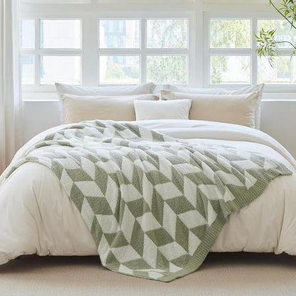 Snuggle Sac Chevron Throw Blanket for Couch, Reversible Super Soft Warm Blankets Cozy Knit Fuzzy Plush Lightweight Throws for Sofa, Bed, Camping, Green,50x60 inches
