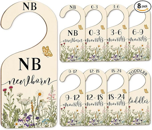 Whaline 8Pcs Wildflower Baby Closet Size Dividers Vintage Floral Leaves Hanging Wood Baby Closet Organizer Newborn to 24 Months Thicken Baby Wardrobe Organizer for Home Nursery