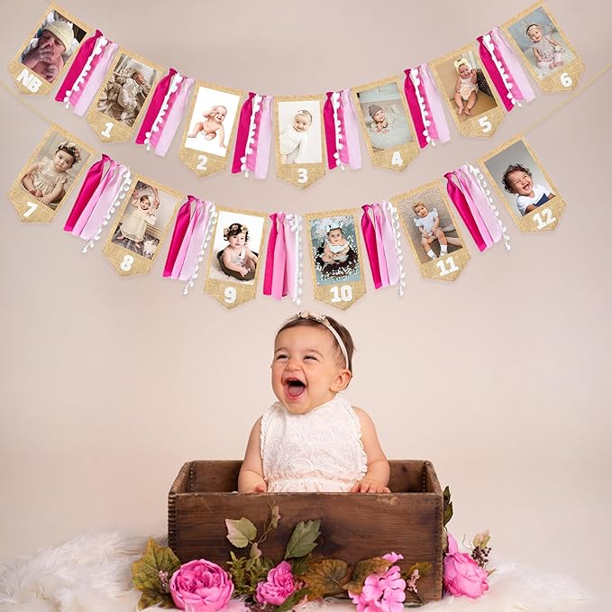 pinkblume 1st Birthday Burlap Photo Banner Garland Handmade Felt from Newborn to 12 Months with Gradient Pink Ribbon for Baby Girl Monthly Milestones First Birthday Party Decorations Supplies