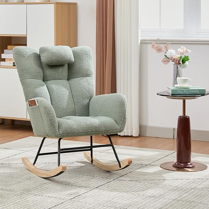 Nursery Rocking Chair,300Lb Glider Chair with Wood Legs/Two Side Pockets,Teddy Upholstered Glider Rocker with Padded Seat High Backrest for Living Room/Bedroom/Nursery