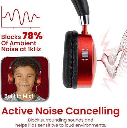 Puro Sound Labs PuroQuiet Plus Kids Noise Cancelling Headphones, Bluetooth Kids On Ear Headphones with Mic, Lightweight On-Ear Design, Studio-Grade Sound (Red)