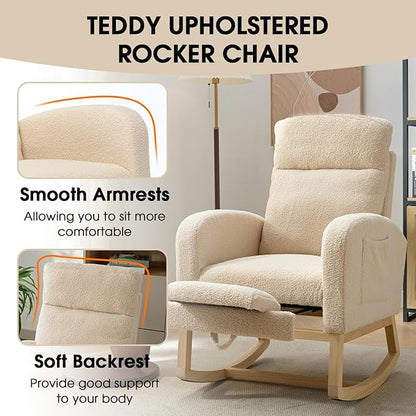 NIOIIKIT Modern Nursery Rocking Chair, Teddy Upholstered Rocking Chair with Footrest, Comfortable Rocker Recliner with Side Pocket, Glider Rocker for Living Room, Bedroom, Nursing Room (Cream)