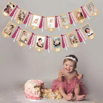 pinkblume 1st Birthday Burlap Photo Banner Garland Handmade Felt from Newborn to 12 Months with Gradient Dusty Pink Ribbon for Baby Girl First Birthday Monthly Milestones Party Decorations Supplies
