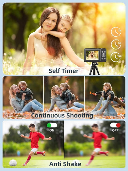Digital Camera, Camkory FHD 1080P Kids Camera 44MP Point and Shoot Digital Cameras with 32GB SD Card, 16X Zoom, Two Batteries, Lanyard, Compact Small Camera for Kids Boys Girls