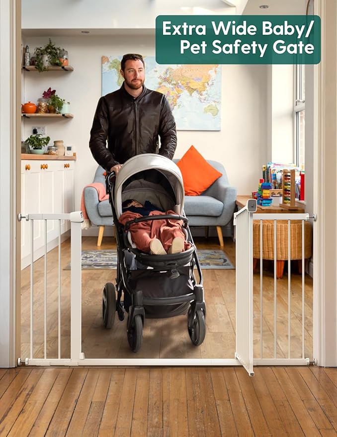BABELIO 36-57" Extra Wide Baby/Dog Gate, Auto Close with Large Walk Thru Door,Safety for Pet, House, Stairs and Doorways, Pressure Mounted for Chlid, White
