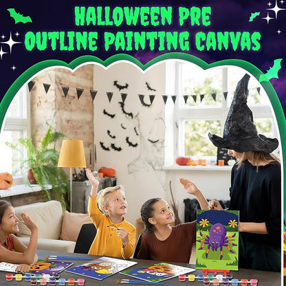 Blosssound 10 Set Pre Printed Canvas Pre Drawn Canvas Painting with Easel Kits 5" x 7" Outline Painting Panels for Beginners, DIY Craft Project, Party Favor, Home Decors(Spider)