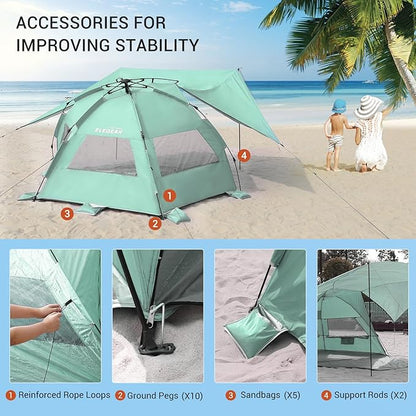 Elegear Beach Tent with Canopy, 1-Second Setup Pop Up Sun Shelter Shade, UPF 50+ UV Protection Silver-Coated Lightweight Portable Beach Cabana