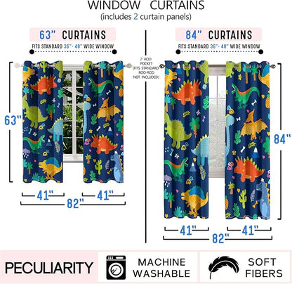 Dinosaur Blackout Curtains 2 Panels 63" Inch Drapes Boys Curtains for Bedroom Cute Dinosaur Themed Grommet Top Thermal Insulated Boys Room Curtains for Nursery, Navy Blue, 82" x 63"
