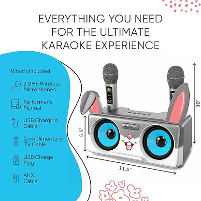 Rabbit Karaoke Machine for Kids, Children and Toddlers with 2 Wireless Bluetooth Microphones, Portable PA Speaker System Includes Lyrics Display Phone Holder, TV Cable and Singer Vocal Removal Mode