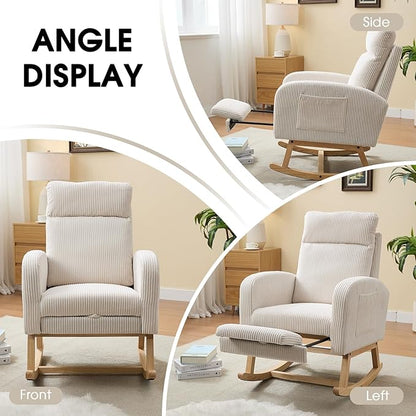 NIOIIKIT Nursery Rocking Chair, Corduroy Upholstered Rocking Chair with Adjustable Footrest, Tufted Rocker Chair with Side Pocket, Glider Rocker for Living Room, Bedroom (White Modern)