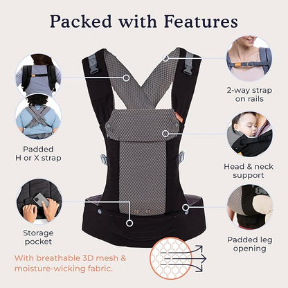 Beco Gemini Baby Carrier from Newborn to Toddler - Certified Ergonomic Newborn Baby Carrier for Infants and Children of 7-35 lbs - M Shape, Adjustable Seat, Breathable 3D Mesh (Cool Black)