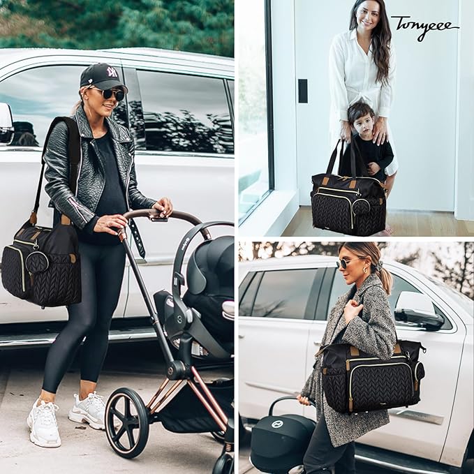 Diaper Bag Tote, Large Diaper Bags Waterproof, Hospital Bag for Labor Delivery, Baby Bag with Pacifier Case, Travel Diaper Tote with Changing Pad, Black