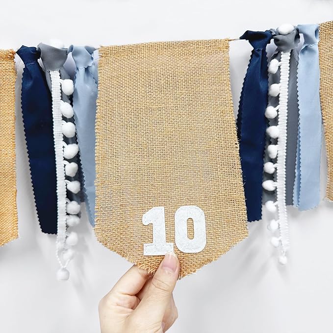 pinkblume 1st Birthday Burlap Photo Banner Garland Handmade Felt from Newborn to 12 Months with Dusty Blue Gray Ribbon for Baby Boy Girl Monthly Milestones First Birthday Party Decoration Supplies