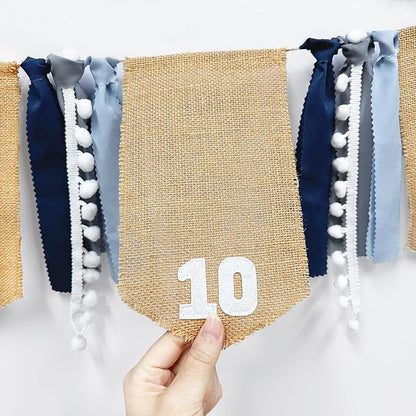 pinkblume 1st Birthday Burlap Photo Banner Garland Handmade Felt from Newborn to 12 Months with Dusty Blue Gray Ribbon for Baby Boy Girl Monthly Milestones First Birthday Party Decoration Supplies