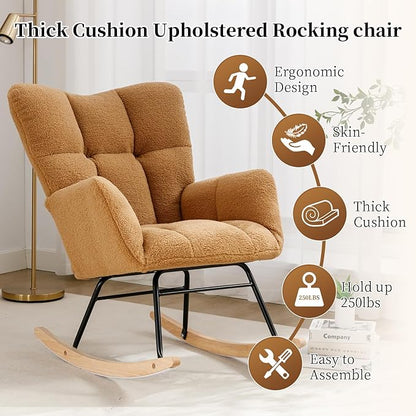 NIOIIKIT Nursery Rocking Chair Teddy Upholstered Glider Rocker Rocking Accent Chair Padded Seat with High Backrest Armchair Comfy Side Chair for Living Room Bedroom Offices (Kahaki Teddy)
