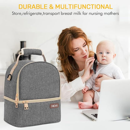 NCVI Breastmilk Cooler Bag with 2 Ice Pack, Breast Pump Bag with Cooler Fits 6 Bottles, Double Layer Breast Milk Baby Bottle Cooler Bag, for Travel, Nursing Mom Daycare, Work, Picnic (Grey)