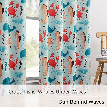 Kids Blackout Curtains - Ocean Whale Design, 100% Blackout, 2 Panels, Each W52×L84, Thermal Insulated for Bedroom, Noise Reducing, Excellent Colorfastness, Dive into an Underwater Adventure
