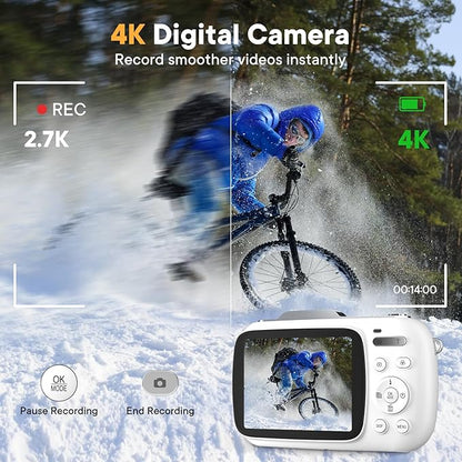 Digital Camera 4K 64MP - Vlogging Camera for Kids & Beginners | 18X Zoom Point and Shoot Camera Anti Shake, Compact with Flash, Gift for Boys Girls(White+Silver)