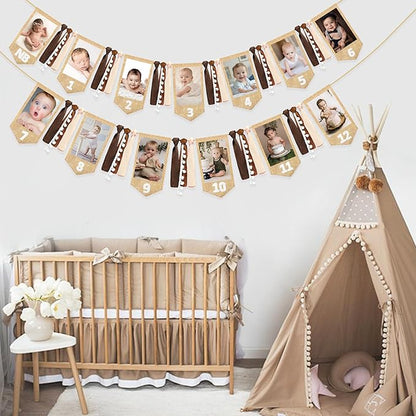pinkblume 1st Birthday Burlap Photo Banner Garland Handmade Felt from Newborn to 12 Months with Gradient Brown Ribbon for Baby Boy Girl Monthly Milestones First Birthday Party Decoration Supplies