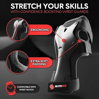 SKATEWIZ Skateboard Pads Protective Gear Set for Kids - Smash - Roller Skate Pads [6pc] - Elbow Pads Roller Derby and Knee Pads Kids Skating with Wrist Guards for Kids and Adults