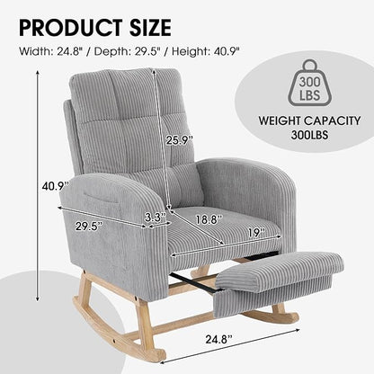 NIOIIKIT Nursery Rocking Chair, Corduroy Upholstered Rocking Chair with Adjustable Footrest, Tufted Rocker Chair with Side Pocket, Glider Rocker for Living Room, Bedroom (Gray Retro)