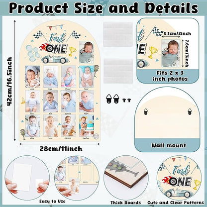 R HORSE My First Year Photo Display Wood Board - 3D Race Car Baby's First Year Picture Frame, 12 Months Milestone Board Neutral Baby Keepsake Gift One Year Old Birthday Nursery Decor for Boy