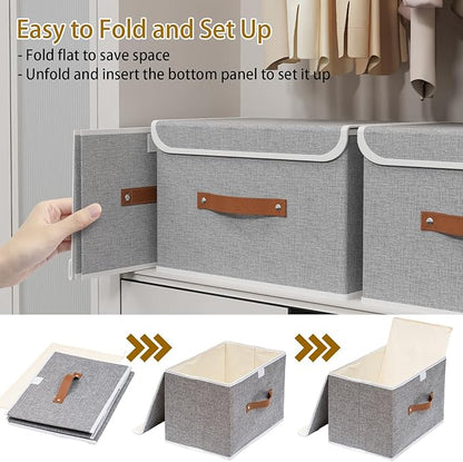 Yawinhe Collapsible Storage Boxes, Foldable Bin with Lids, Cube Clothes Organizer Basket with Handles, Grey, 13.0''Lx9.0''Wx7.9''H, 5-Pack, SNK024GS-5