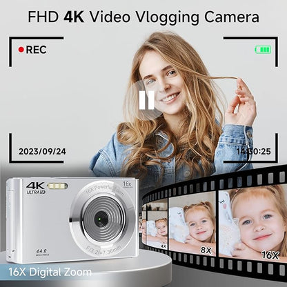 Digital Camera, 2025 4K 44MP Autofocus Digital Cameras for Teens, Silver Point and Shoot Camera for Kids with 16X Zoom, 64GB SD Card, Compact Small for Boys Girls Teens Kids Gift
