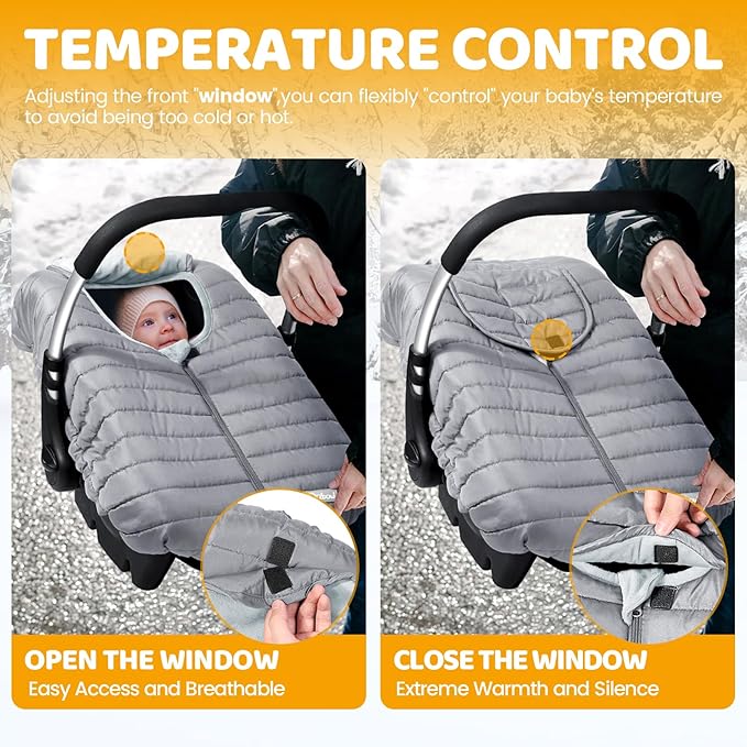 Orzbow Winter Car Seat Cover - Baby Car Seat Cocoon Cover for Boys & Girls, Warm Carseat Canopy Cover to Protect Baby from Wind, Rain & Snow, Waterproof, Universal Fit for Infant Car Seat, Light Grey