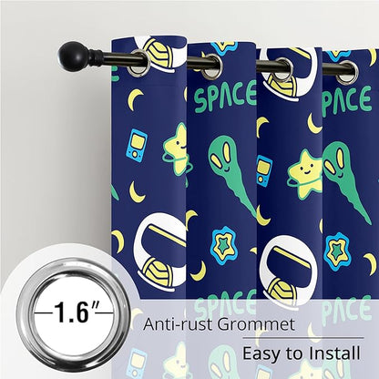 Kids Space Alien Blackout Curtains - 100% Blackout, Thermal Insulated, Noise Reducing, Perfect for Kids Room and Nursery, 2 Panels (Friendly Alien, W52×L63)