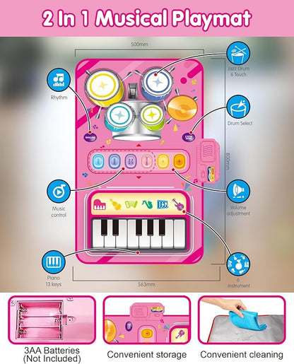 Toys for 1 Year Old Girl Gifts, Baby Musical Mat with Piano & Drum, Adjustable Volume, 12-18 Months Toddler Toys, Christmas Birthday Easter Gifts for 1-2 Year Olds Boys Girls (Pink)