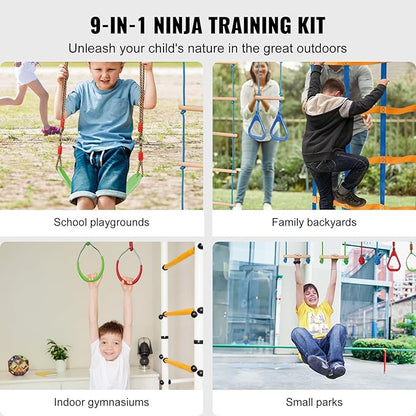 VEVOR Ninja Warrior Obstacle Course for Kids, 2 x 50 ft Weatherproof Slacklines, 500lbs Weight Capacity Monkey Line, Outdoor Playset Equipment, Backyard Toys Training Equipment Set with 12 Obstacles