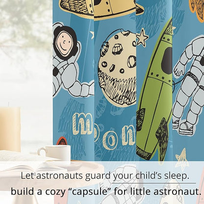 Kids Astronaut and Rocket Blackout Curtains - 100% Blackout, Thermal Insulated, Noise Reducing, Bring The Cosmos Closer to Your Kid’s Room, 2 Panels (Moonbound Adventure, W52×L84)
