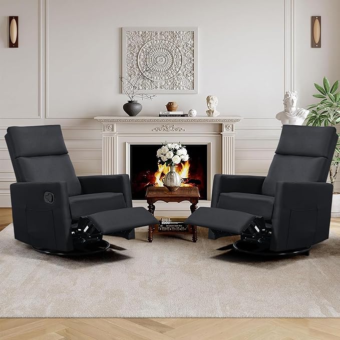 Swivel Rocker Recliner Chair, Upholstered Fabric Nursery Rocking Glider Chair with Adjustable Backrest and Footrest, Lay Flat Recliner Single Lazy Sofa for Living Room, Black