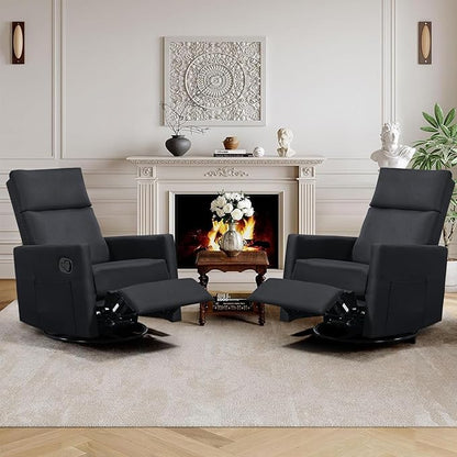 Swivel Rocker Recliner Chair, Upholstered Fabric Nursery Rocking Glider Chair with Adjustable Backrest and Footrest, Lay Flat Recliner Single Lazy Sofa for Living Room, Black