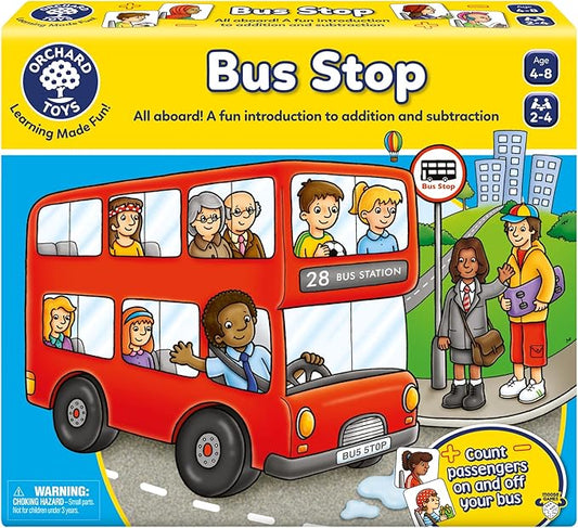 Orchard Toys Moose Games Bus Stop Game. A Fun Introduction to Addition and Subtraction. Pick up and Drop Off Passengers on Your Bus. for Ages 4-8 and for 2-4 Players