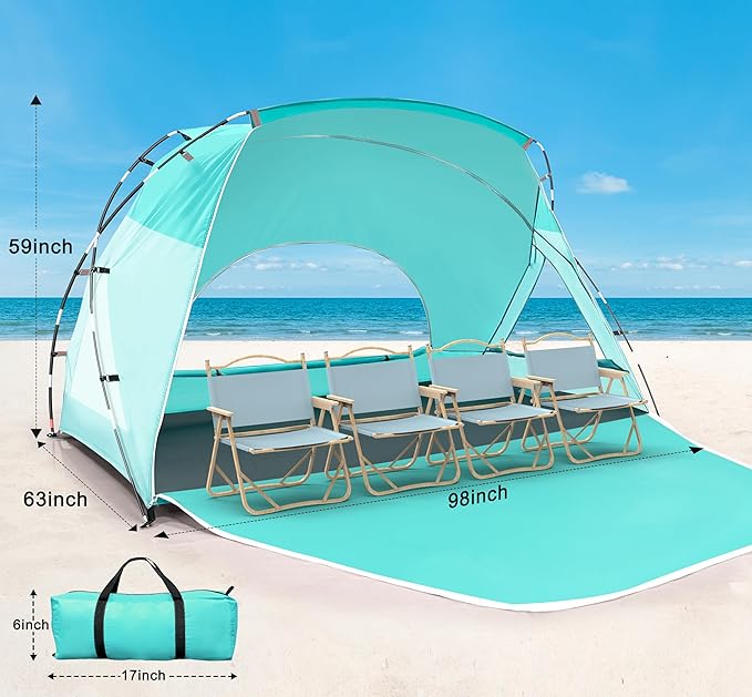 Beach Tent, Portable Sun Shelter for 2/3/4/6-8 Person with UPF 50+ UV Protection, Easy Setup Waterproof Beach Shade Canopy Cabana for Family Outdoor and Picnics, Fishing with Carrying Bag