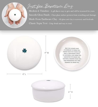 Baptism Gift or First Communion Gift, Ceramic Keepsake Box With Irish Blessing - Round Box with Shamrock in Green for Godchild