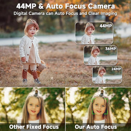 Digital Camera, FHD 4K 44MP Digital Camera, 16X Digital Zoom, Digital Point and Shoot Camera with 3-LED Fill Lights, 64GB SD Card, Compact Camera for Kids Teen Boys Girls, Purple
