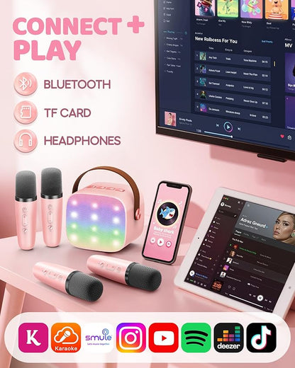 YLL Mini Karaoke Machine for Kids Adults: Portable Loud Speaker with 4 Wireless Microphones -Most Popular Birthday Party Gifts for Girls Boys 3, 4, 5, 6, 7, 8, 9, 10+ Year Old Toys (Pink-4 Mics)