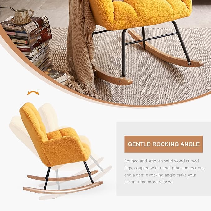 Nursery Rocking Chair, Teddy Upholstered Glider Rocker with High Backrest Armchair, Modern Rocking Accent Chairs for Nursery, Living Room, Bedroom, Offices (Yellow)