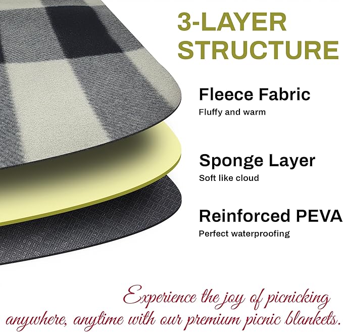 PortableAnd Picnic Blankets, 3 Layer Soft Fleece Blanket for Beach,Camping on Grass, Waterproof, Sandproof, Best Gift for Couple & Families, Black and Gray Checkered