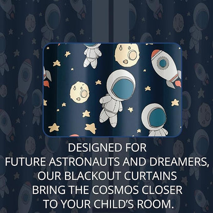 Kids Space Astronaut Planets Rockets Blackout Curtains - 100% Blackout, Thermal Insulated, Noise Reducing, for Kids Room and Nursery, 2 Panels (Astro Buddy Rockets, W52×L63)