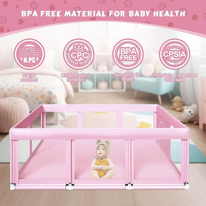 74" ×50" Large Baby Playpen, Baby Playard for Babies and Toddlers, Play Pens for Indoor & Outdoor, Sturdy Safety Play Yard with Soft Breathable Mesh, Anti-Fall, Pink